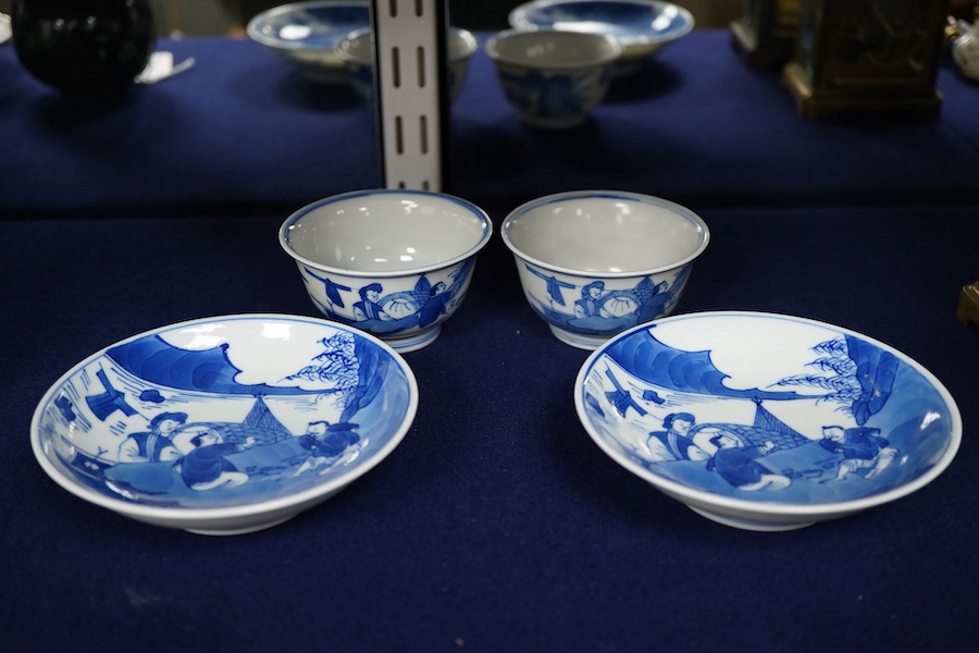 Two Chinese blue and white tea bowls and saucers, saucer 11.5cm diameter.